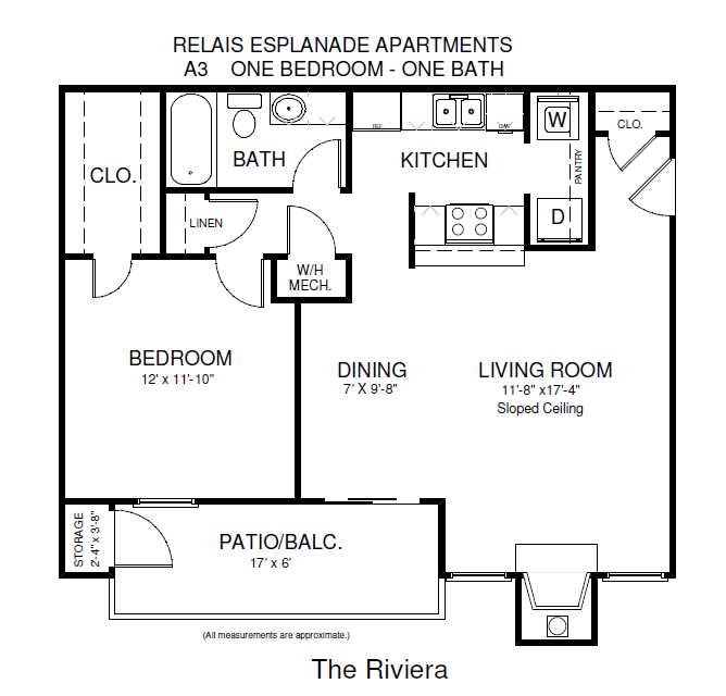 Floor plan for 1 bed, 1 bath, 750 sqft